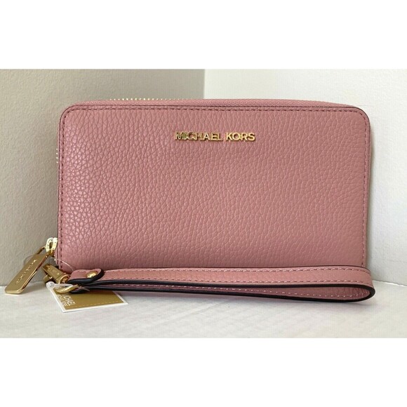 New Michael Kors Jet Set Travel Large Flat phone case Pebble Leather Sunset Rose - Picture 1 of 4